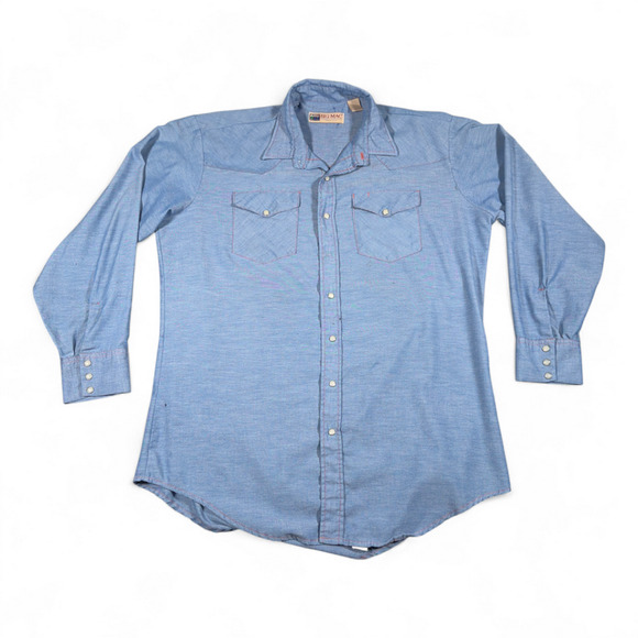 Vintage Big Mac Western Shirt Adult EXTRA LARGE Blue Chambray Pearl Snap USA 90s - Picture 1 of 9